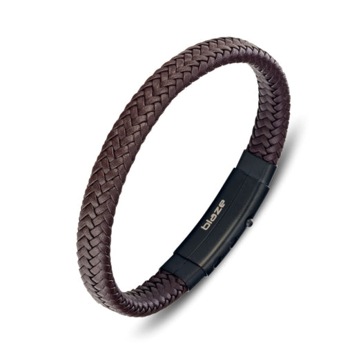 BLAZE Leather Stainless Steel Braided Bracelet Brown Matte Clasp