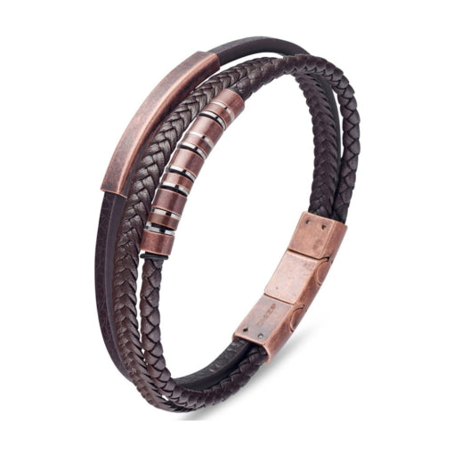BLAZE Multi-Strand Brown Leather &amp; Patina Rose Gold Bracelet