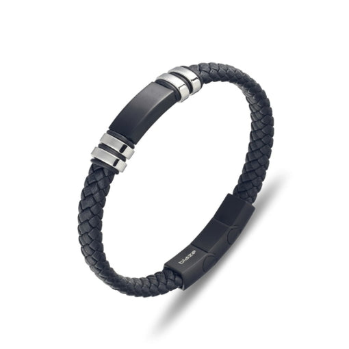 BLAZE Black Leather &amp; Stainless Steel Bracelet
