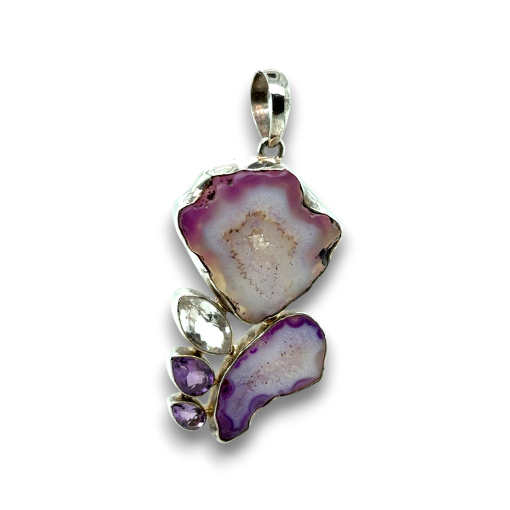 Sterling Silver Large Agate, Amethyst &amp; CZ Pendant