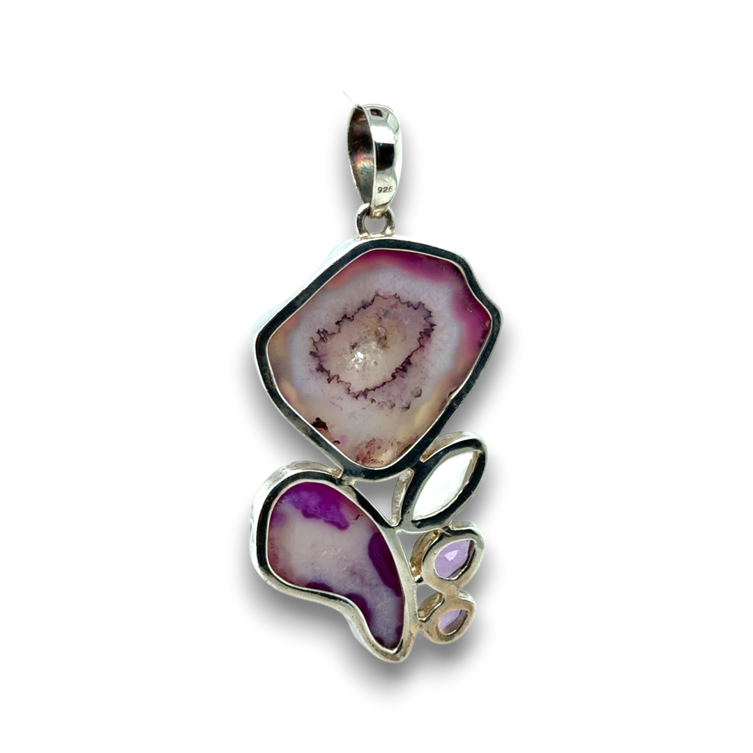 Sterling Silver Large Agate, Amethyst &amp; CZ Pendant