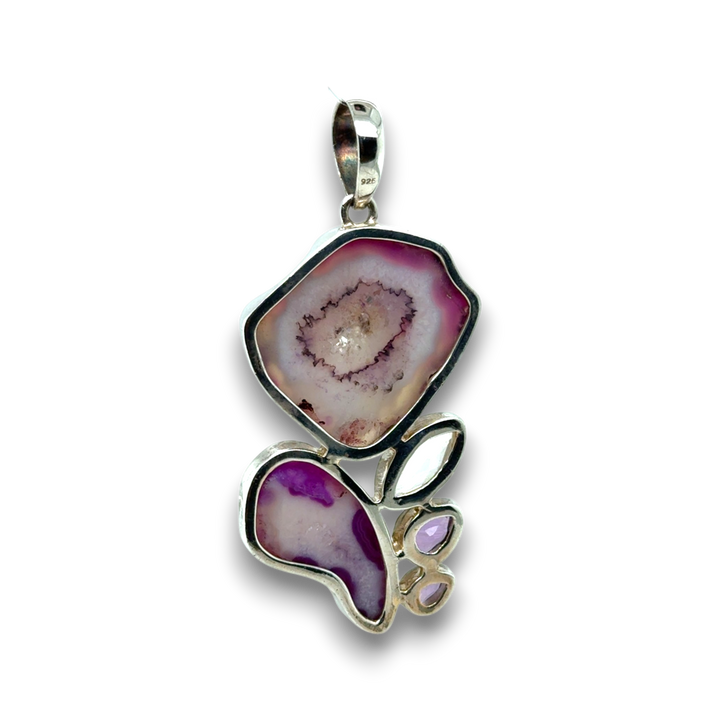 Sterling Silver Large Agate, Amethyst &amp; CZ Pendant