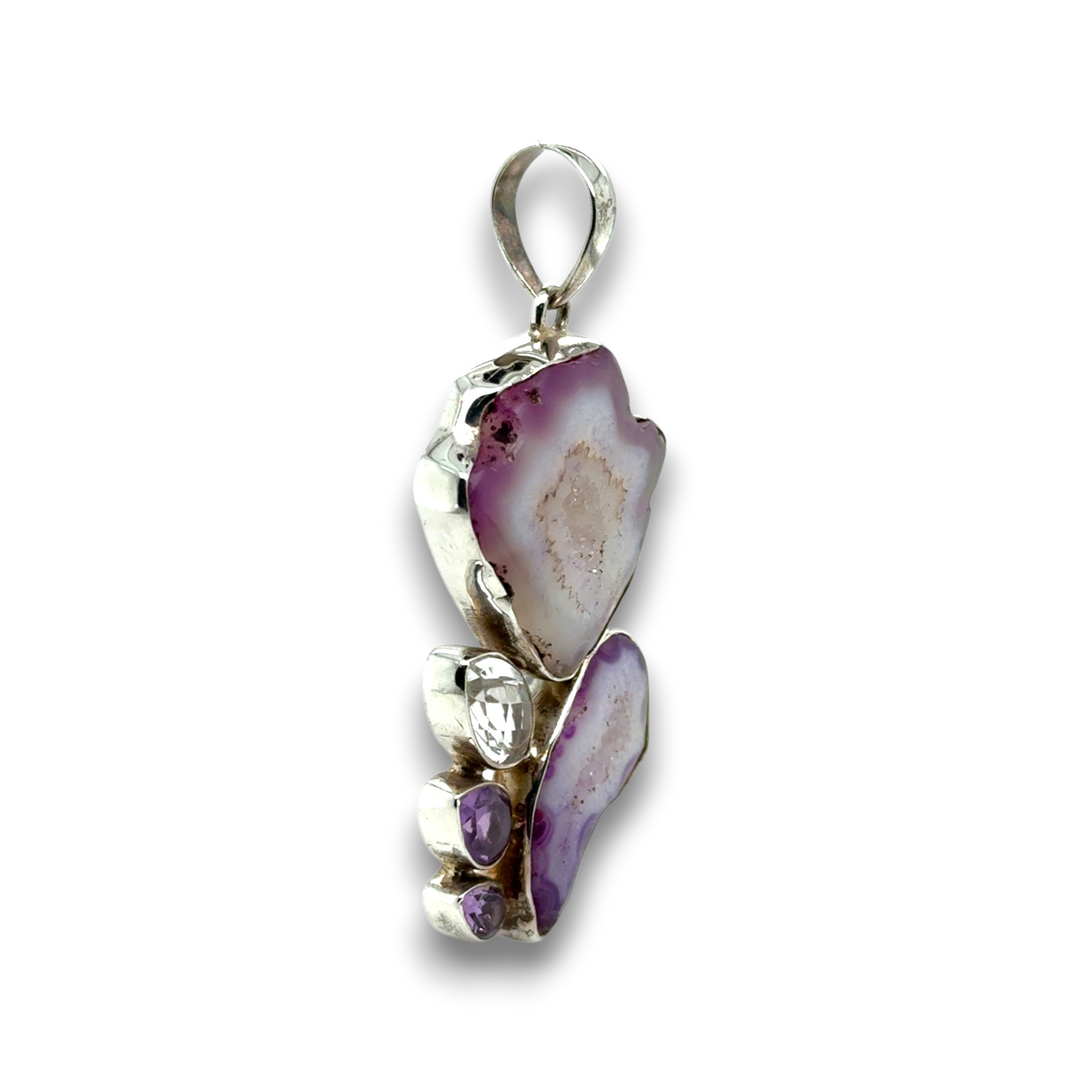 Sterling Silver Large Agate, Amethyst &amp; CZ Pendant