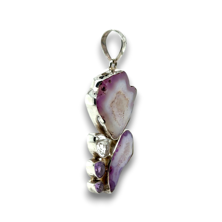 Sterling Silver Large Agate, Amethyst &amp; CZ Pendant