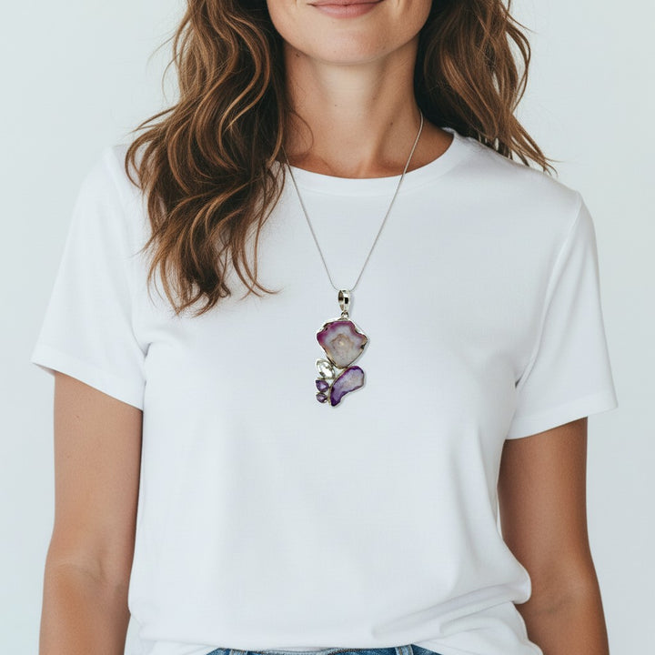 Sterling Silver Large Agate, Amethyst &amp; CZ Pendant