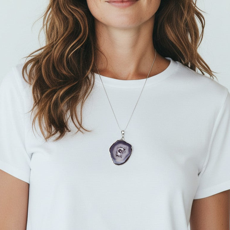 Sterling Silver Large Agate &amp; Amethyst Pendant