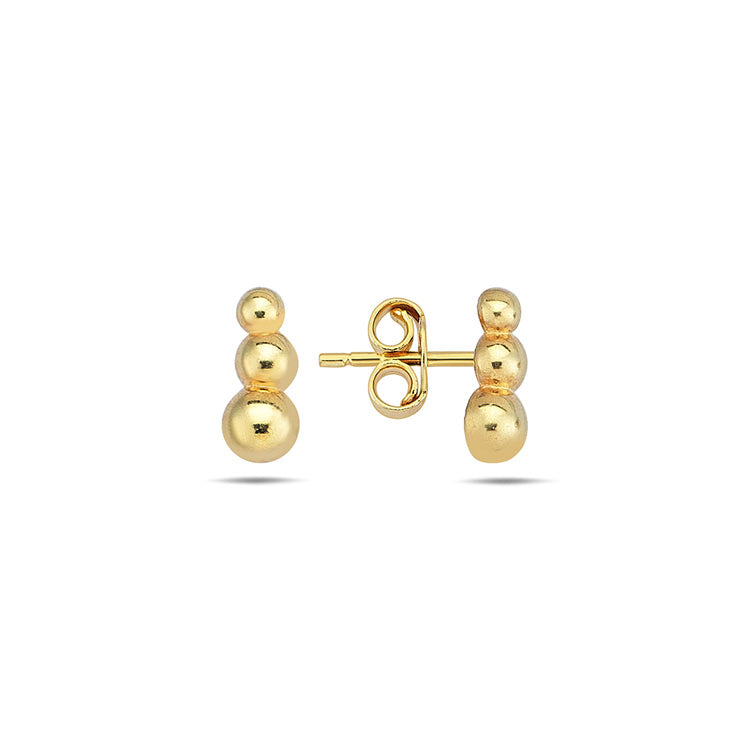 9K Yellow Gold 3 Bead Bar Stud Earrings