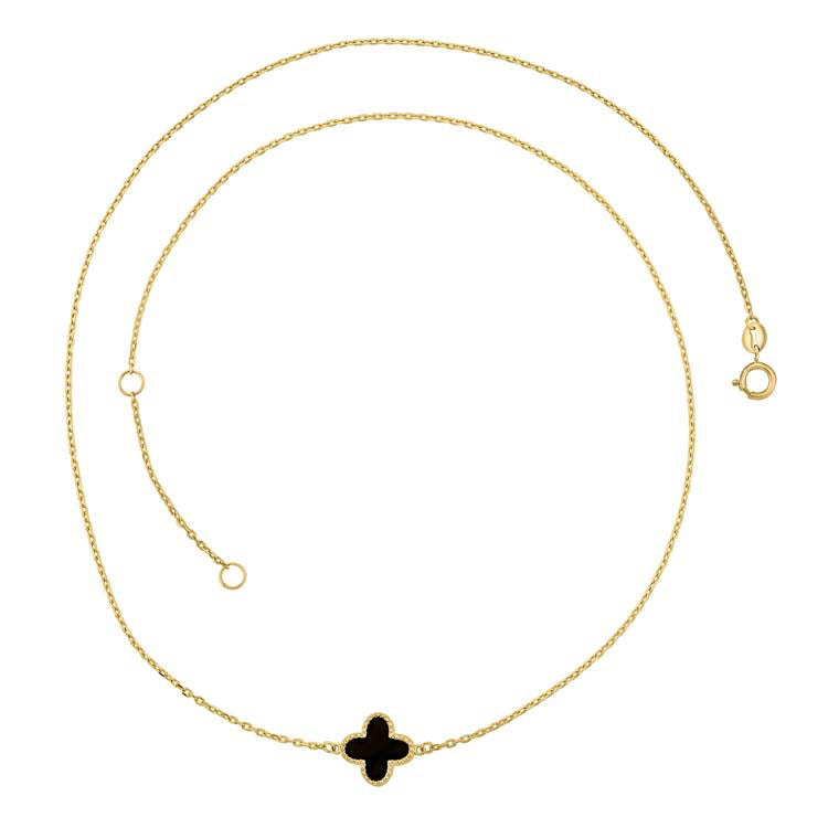 9K Yellow Gold Single Black Onyx Clover Necklace 45cm