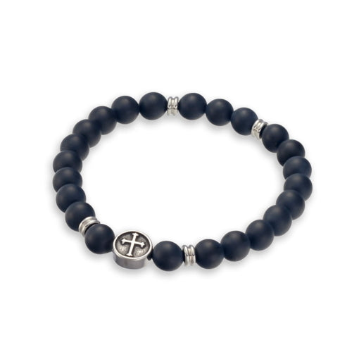 BLAZE Beaded Onyx Stainless Steel Bracelet With Cross