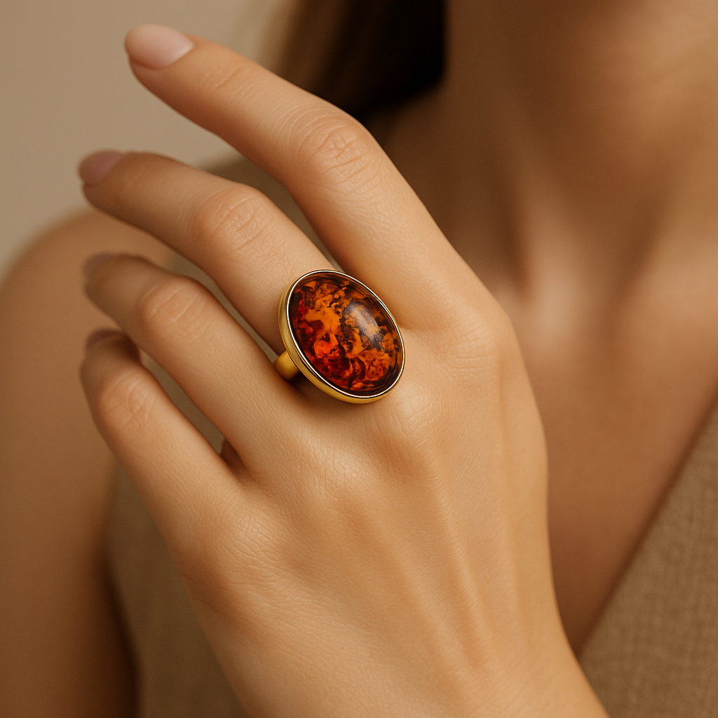 Gold Plated Baltic Amber Large Adjustable Ring