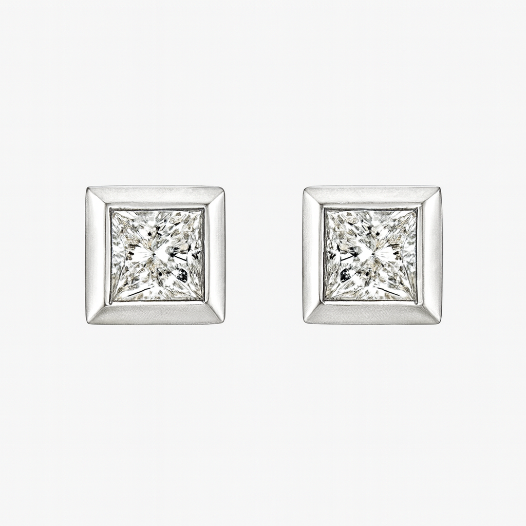 9ct White Gold Bezel Set CZ Square Stud Earrings