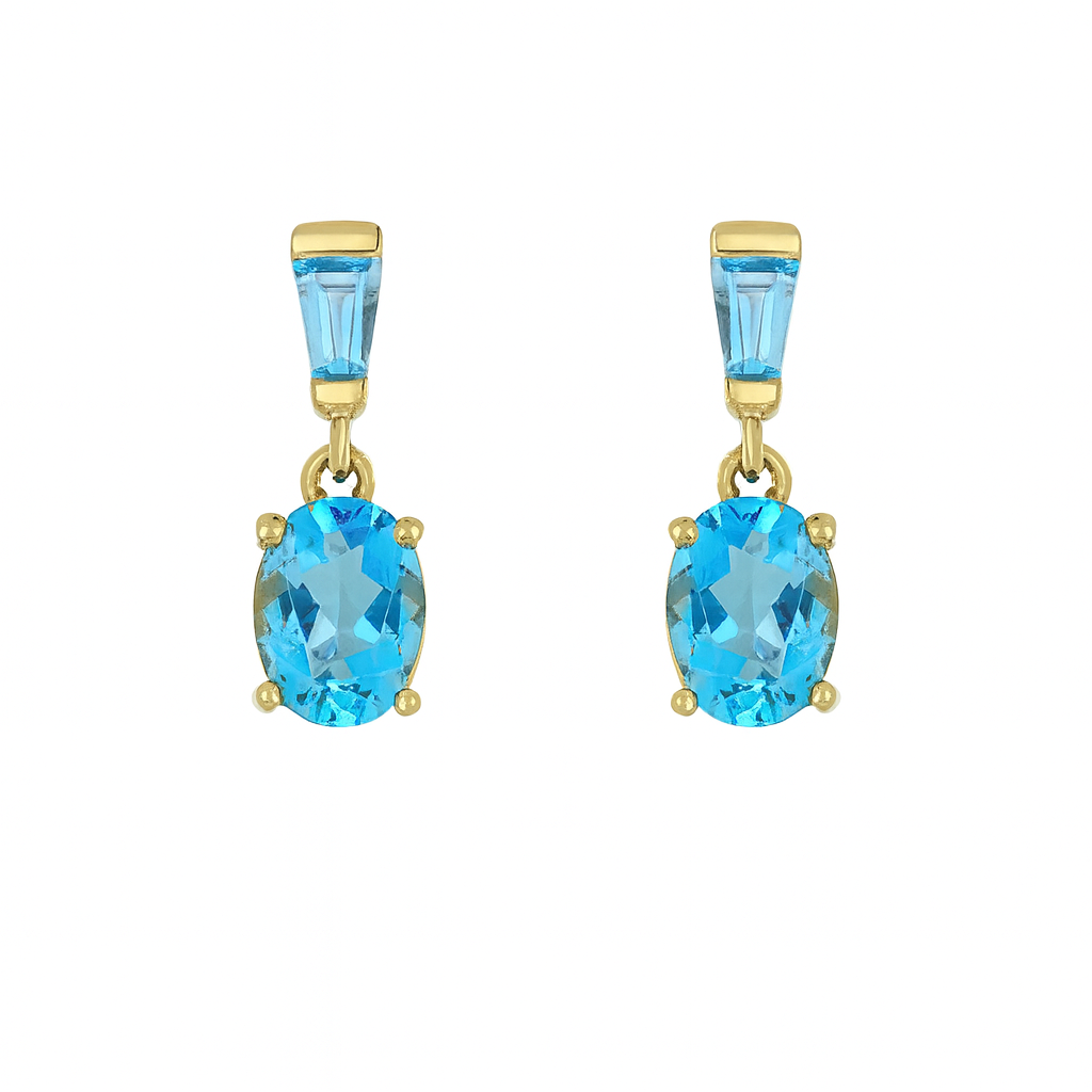 9ct Yellow Gold Blue Topaz Drop Stud Earrings