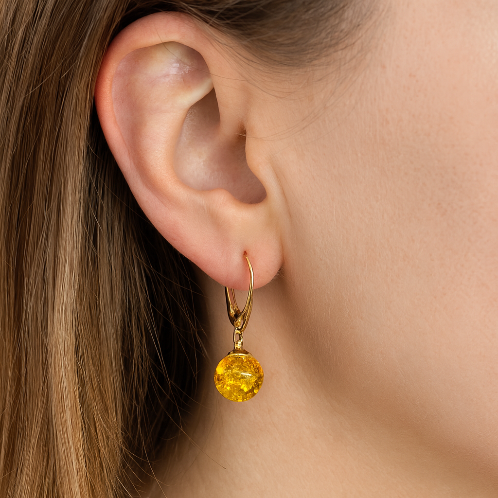 Gold Plated Baltic Amber Drop Ball Earrings