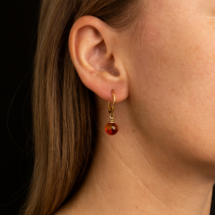Gold Plated Red Baltic Amber Drop Ball Earrings