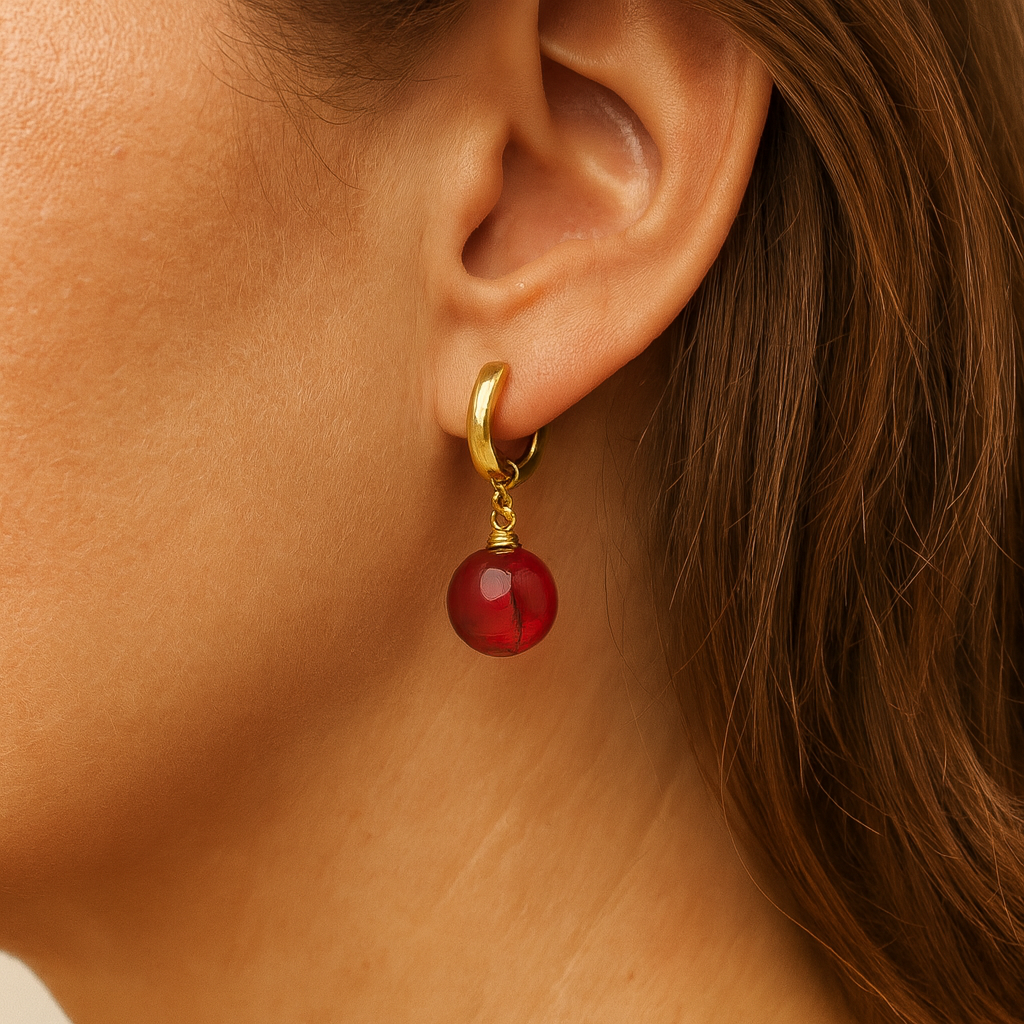 Gold Plated Red Baltic Amber Drop Ball Earrings