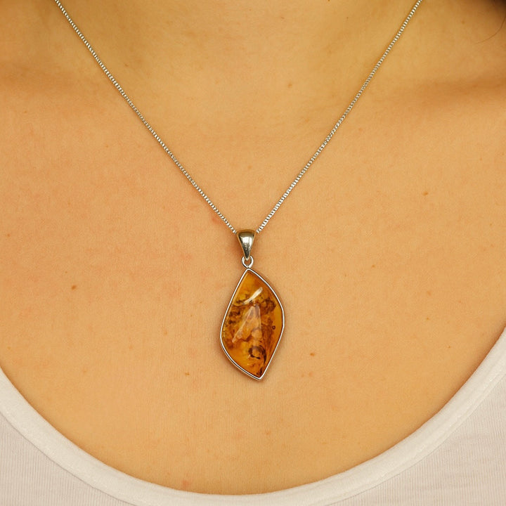 Sterling Silver Bezel Baltic Amber Drop Wave Pendant