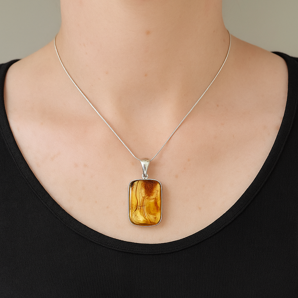 Sterling Silver Baltic Amber Rectangular Pendant