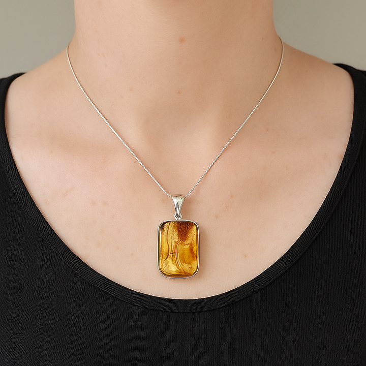 Sterling Silver Baltic Amber Rectangular Pendant
