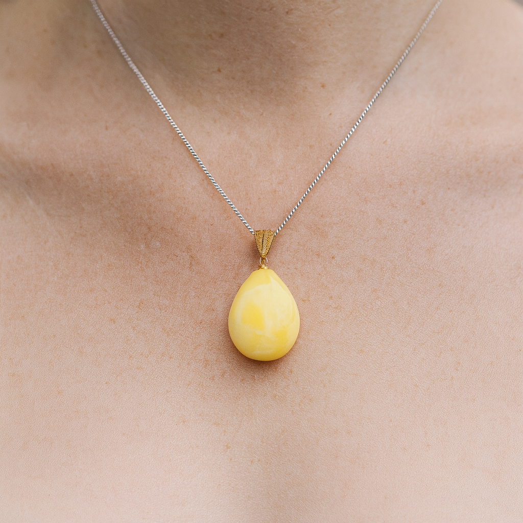 Gold Plated Lemon Baltic Amber Drop Pendant