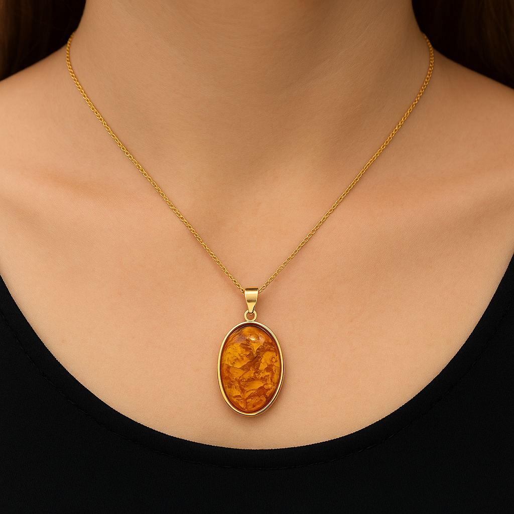 Gold Plated Bezel Baltic Amber Oval Pendant