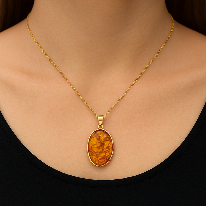 Gold Plated Bezel Baltic Amber Oval Pendant
