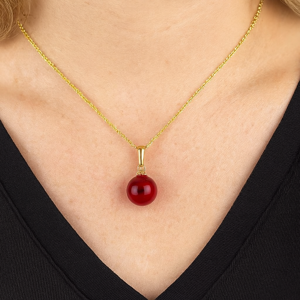 Gold Plated Red Baltic Amber Ball Pendant