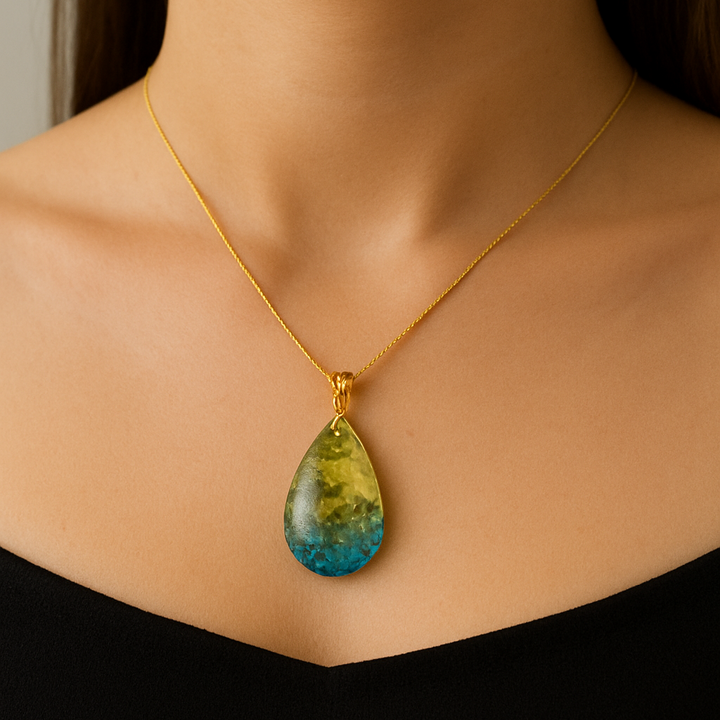 Gold Plated Green Blue Baltic Amber Drop Pendant