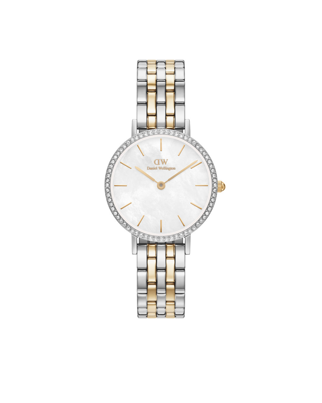 Daniel Wellington Petite 28 Bezel 5-Link White Mother of Pearl Two-Tone Gold &amp; Silver Watch