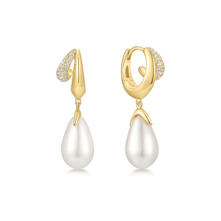 Ania Haie Gold Sparkling Duet Mixed Shell Pearl Drop Huggie Hoop Earrings