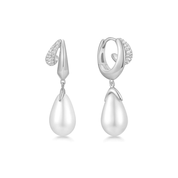 Ania Haie Silver Sparkling Duet Mixed Shell Pearl Drop Huggie Hoop Earrings
