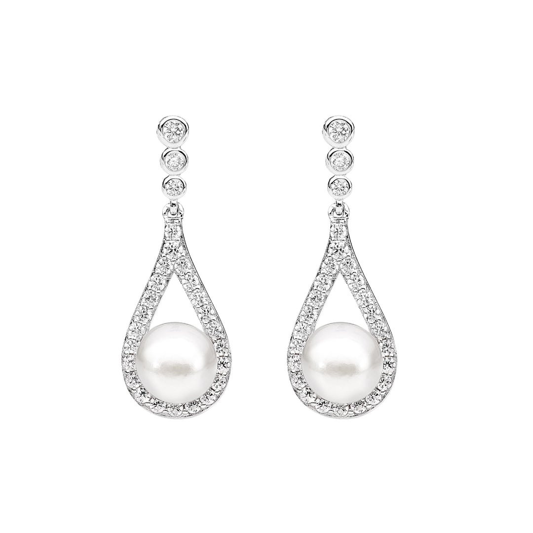 Ellani Silver Freshwater Pearl CZ Drop Earrings