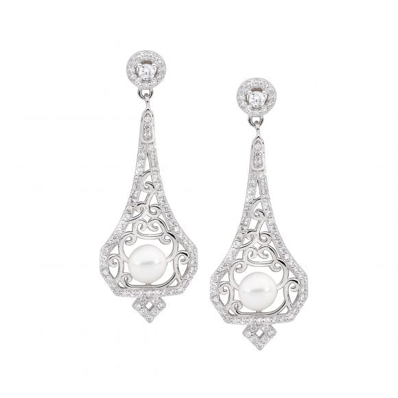 Ellani Silver CZ Pearl Art Deco Drop Earrings