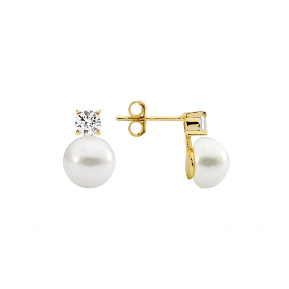 Ellani Gold Freshwater Pearl CZ Stud Earrings