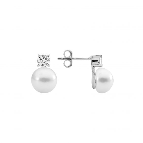 Ellani Silver Freshwater Pearl CZ Stud Earrings