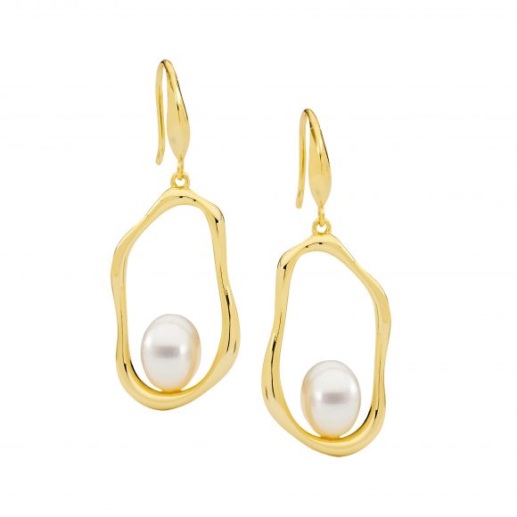 Ellani Gold Open Oval Pearl Drop Earrings
