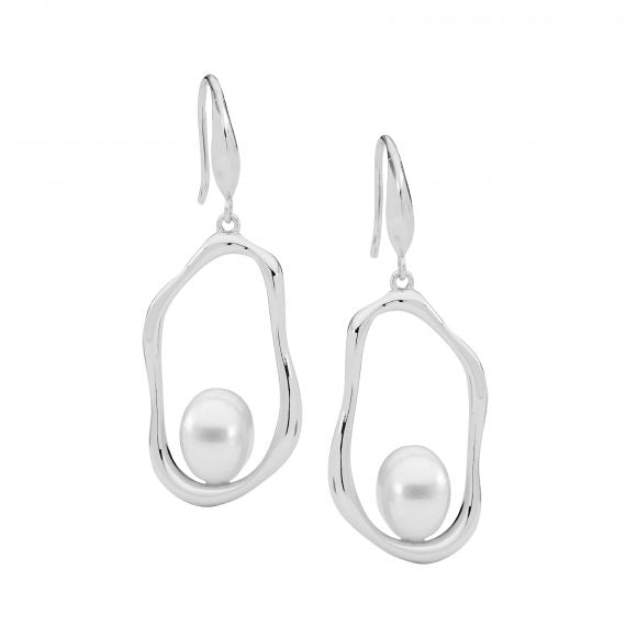 Ellani Silver Open Oval Pearl Drop Earrings