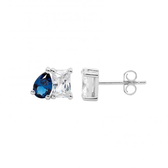 Ellani Silver Emerald &amp; Pear Blue CZ Stud Earrings