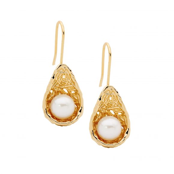 Ellani Gold FW Pearl Weave Basket Drop Earrings