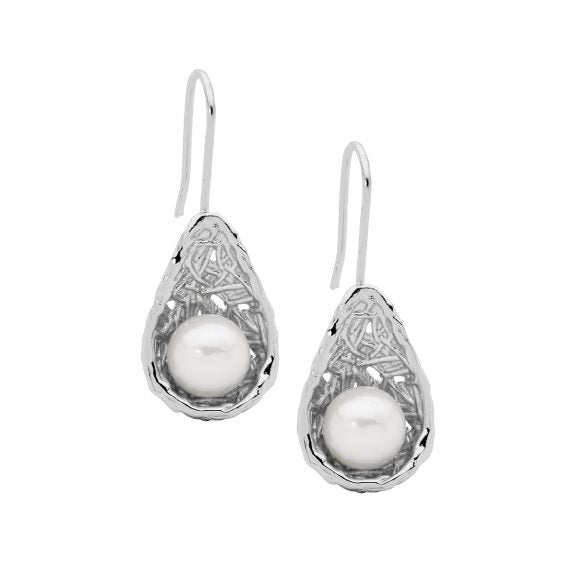 Ellani Silver FW Pearl Weave Basket Drop Earrings