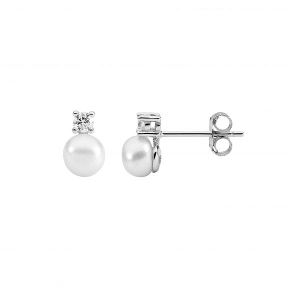 Ellani Silver Freshwater Pearl CZ Stud Earrings