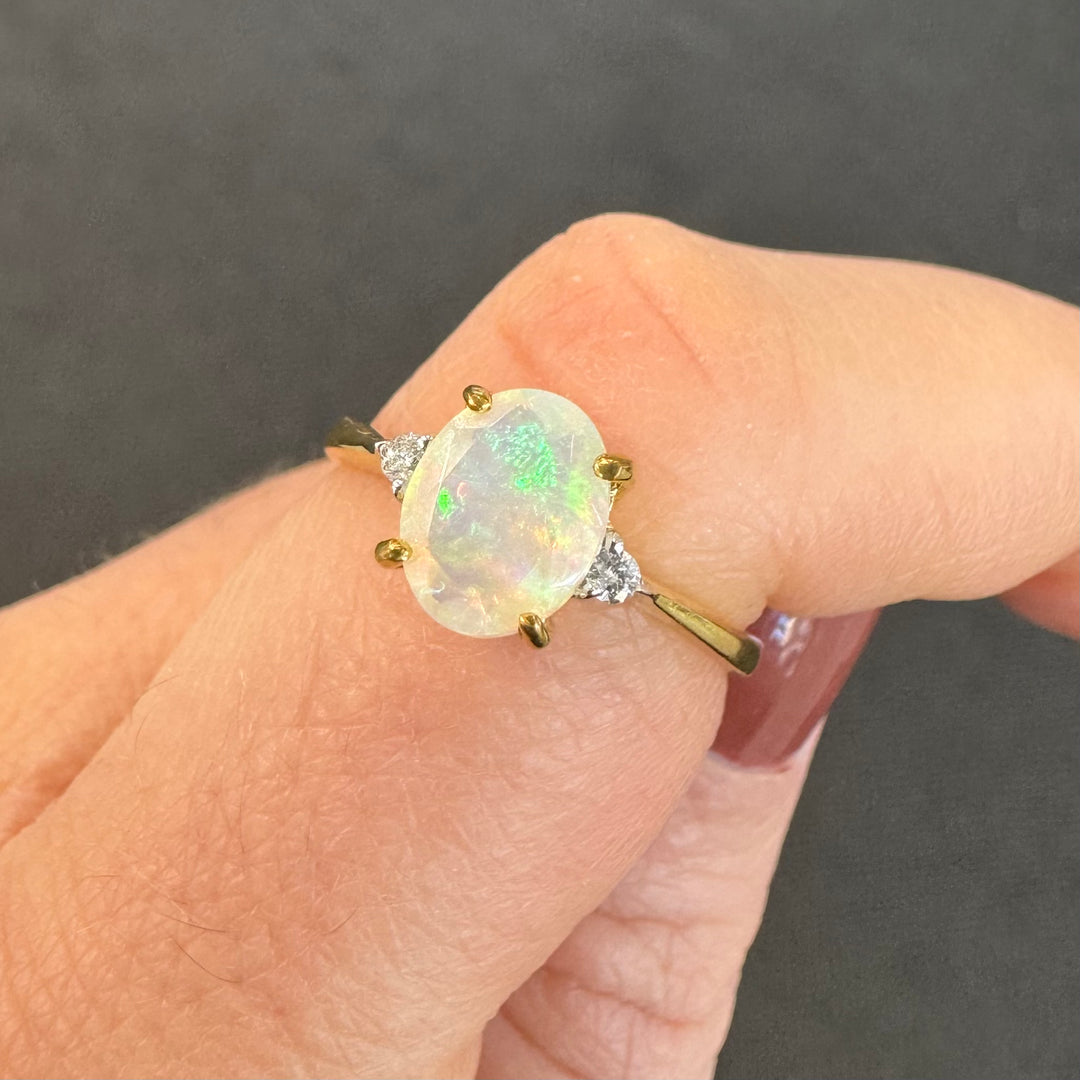 9ct Yellow Gold Solid Opal & Diamond Ring
