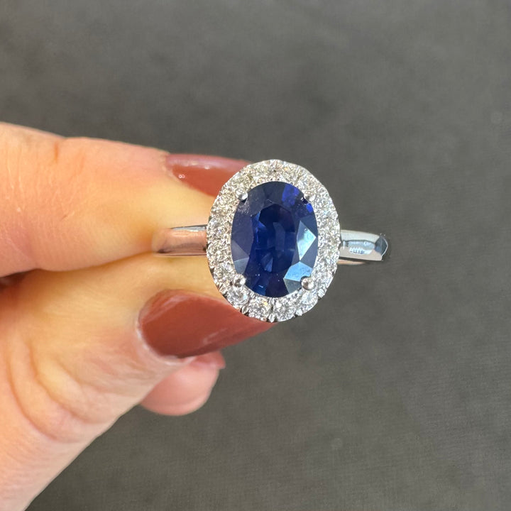 18ct White Gold Sapphire & Diamond Halo Ring