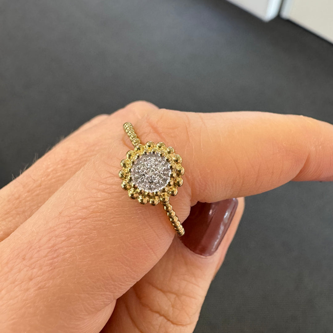 9ct Yellow Gold Beaded Pave Set Diamond Ring