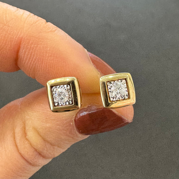 9ct Yellow Gold Diamond Square Stud Earrings