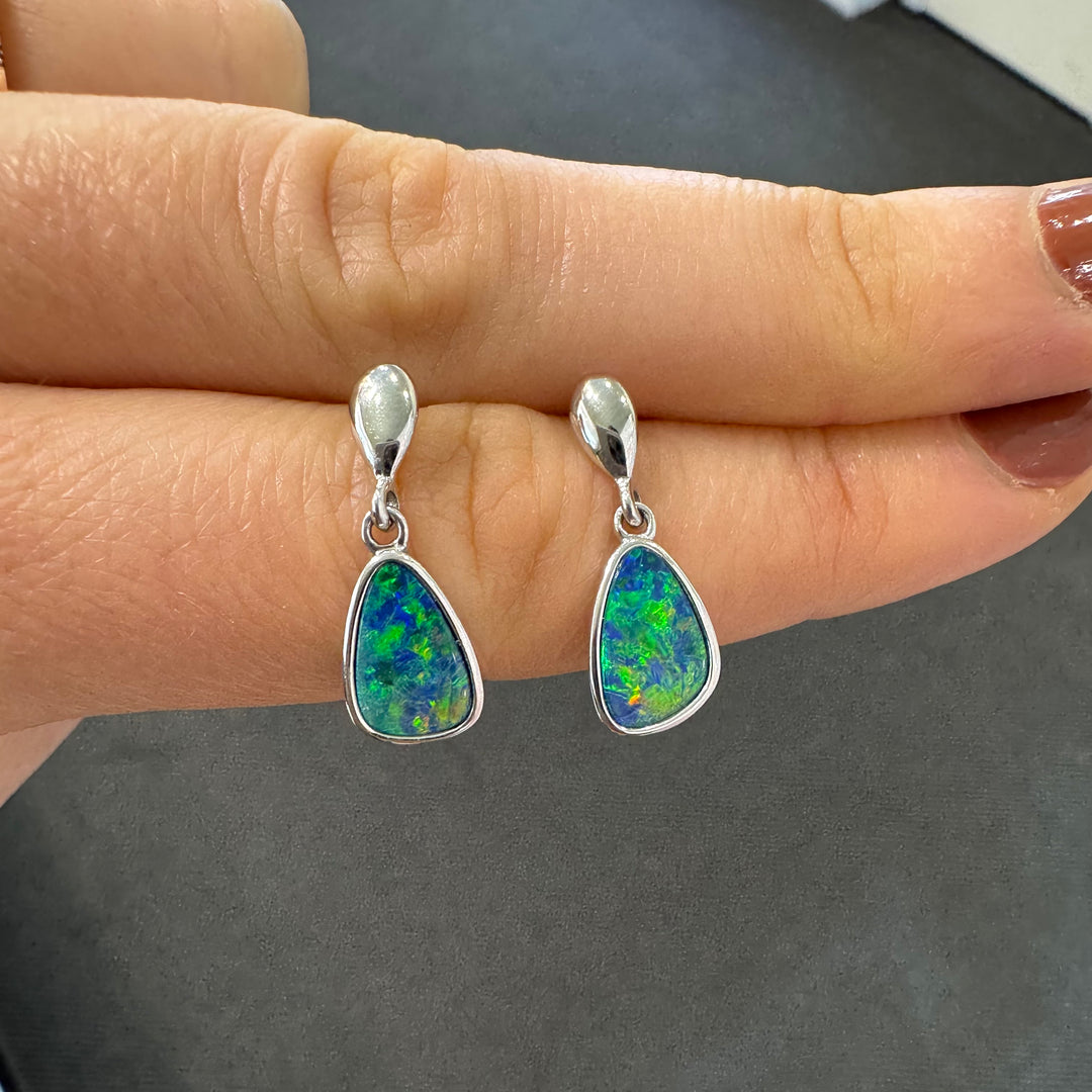 14K White Gold Doublet Opal Drop Stud Earrings