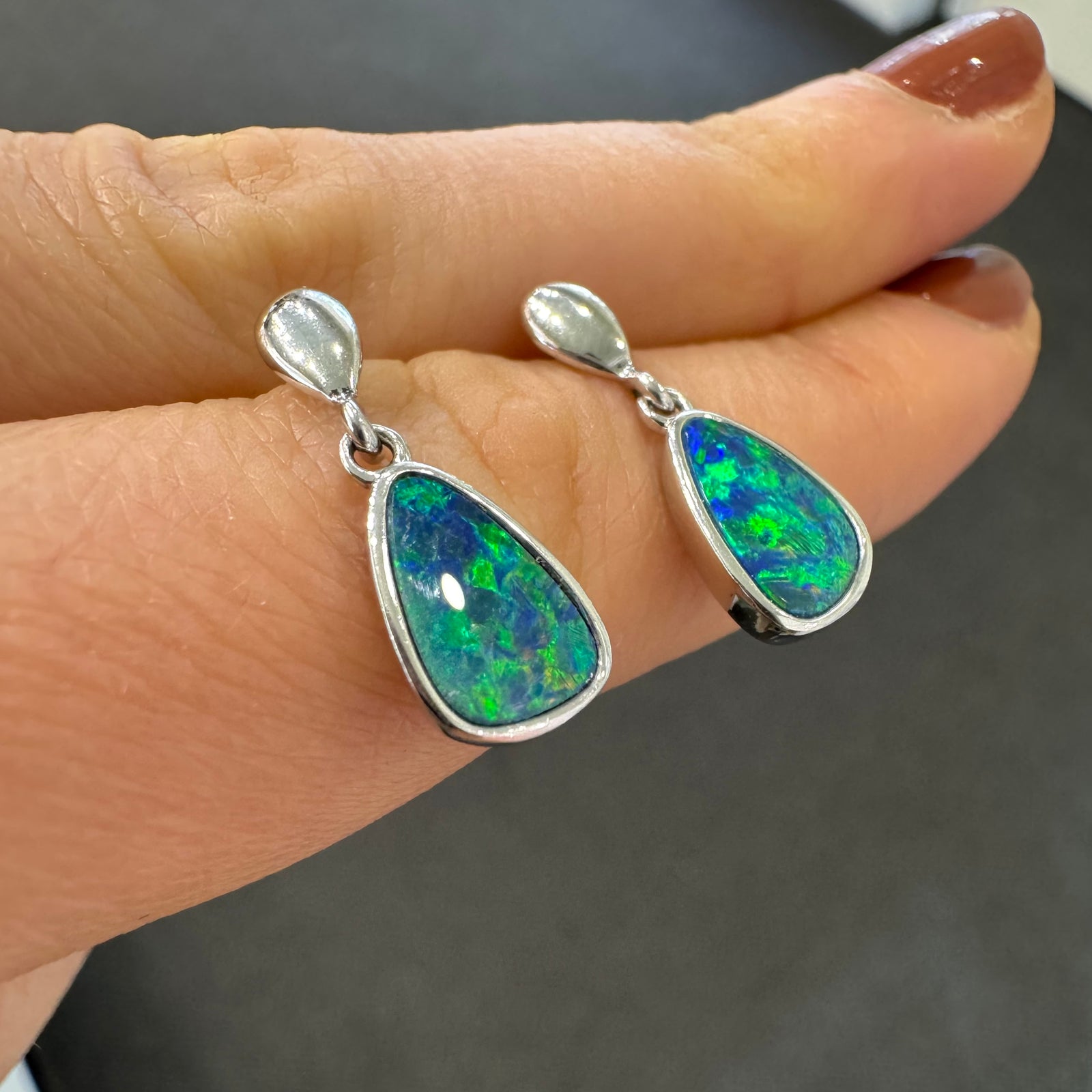 14K White Gold Doublet Opal Drop Stud Earrings - B & S Lyncris Jewellers