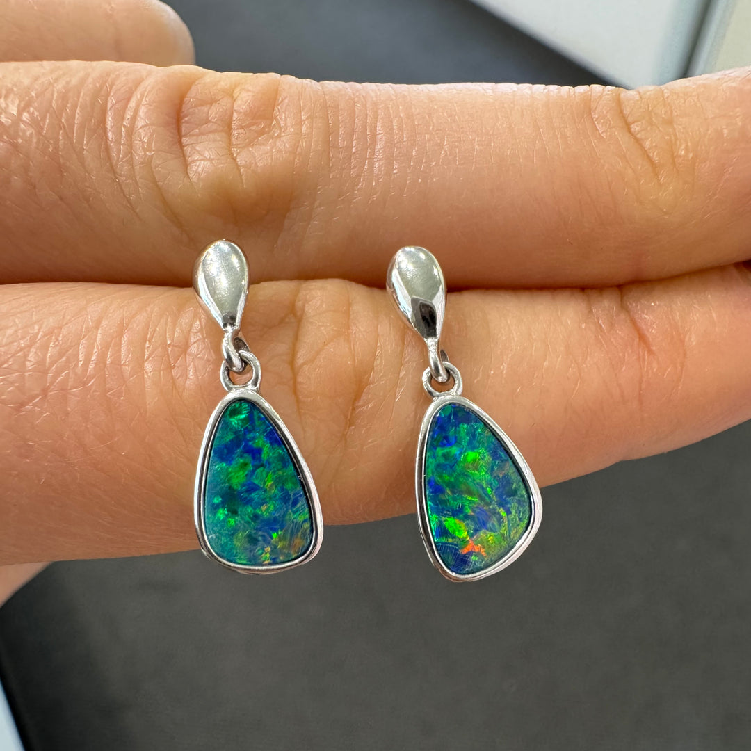 14K White Gold Doublet Opal Drop Stud Earrings