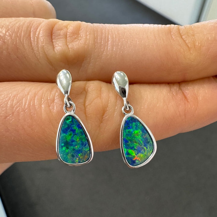 14K White Gold Doublet Opal Drop Stud Earrings