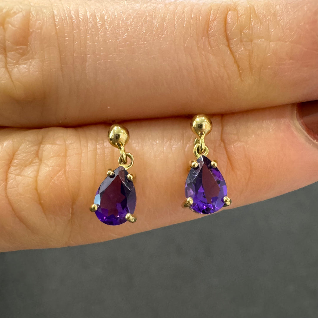 9ct Yellow Gold Amethyst Drop Stud Earrings