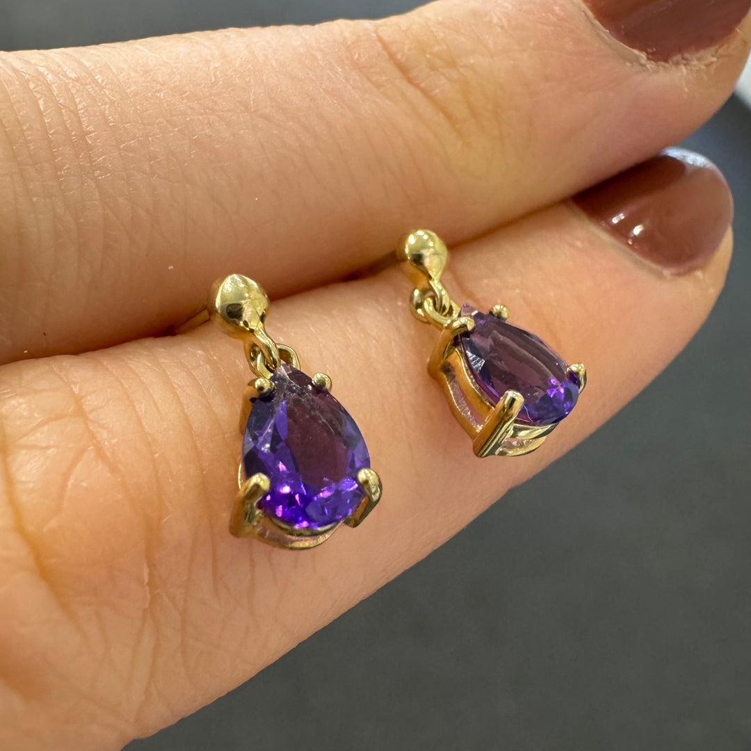 9ct Yellow Gold Amethyst Drop Stud Earrings